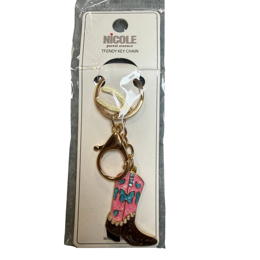 Nicole Cowboy Boot Key Chain Pink NEW Butterfly Rhinestone Western Cowgirlcore